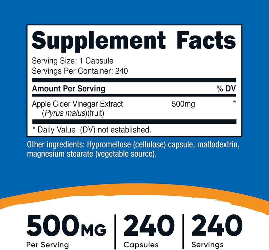 المكملات الغذائية OEM خل التفاح كبسولات 500mg 240 كبسولات نباتية نباتية طبيعية GMP غير معدلة وراثيا خالية من الغلوتين