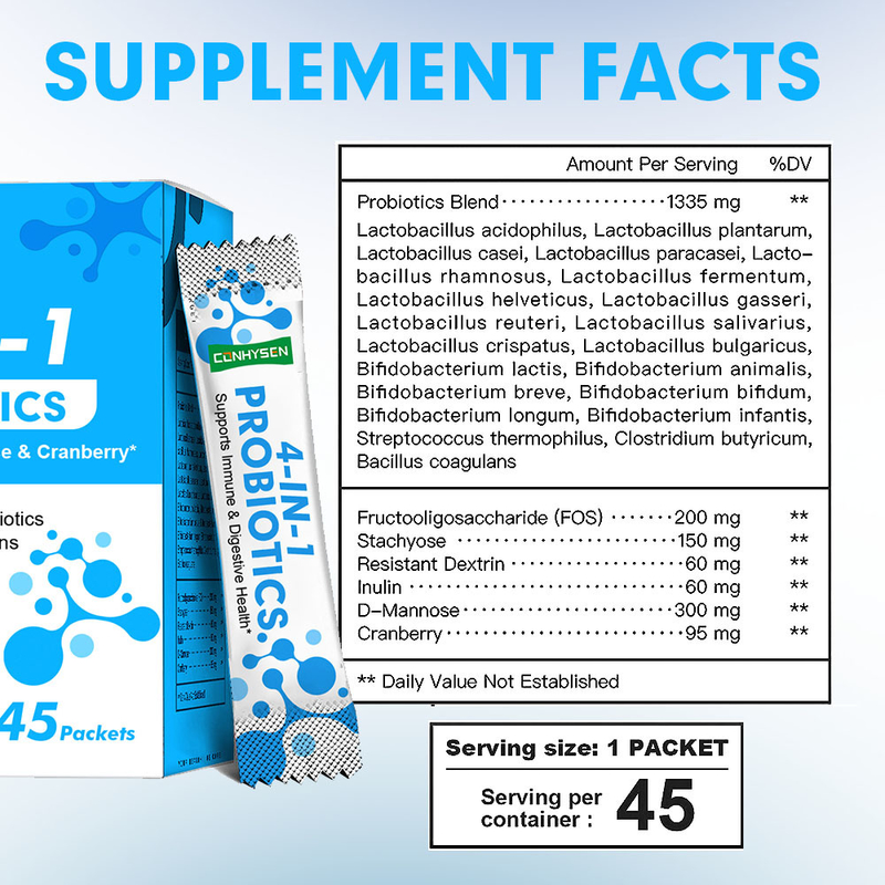 مسحوق بروبيوتيك 4 في 1 للمصنع مع D-Mannose بعلامة تجارية مخصصة للحفاظ على توازن درجة الحموضة