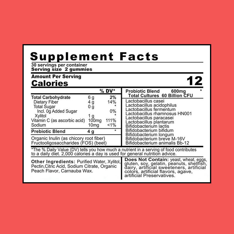 OEM/ODM 4g بريبايوتكس بروبيوتيكس علكات 60 مليار وحدة تشكيل مستعمرة معززة للمناعة معززة لصحة الأمعاء مع خصائص مضادة للأكسدة للبالغين