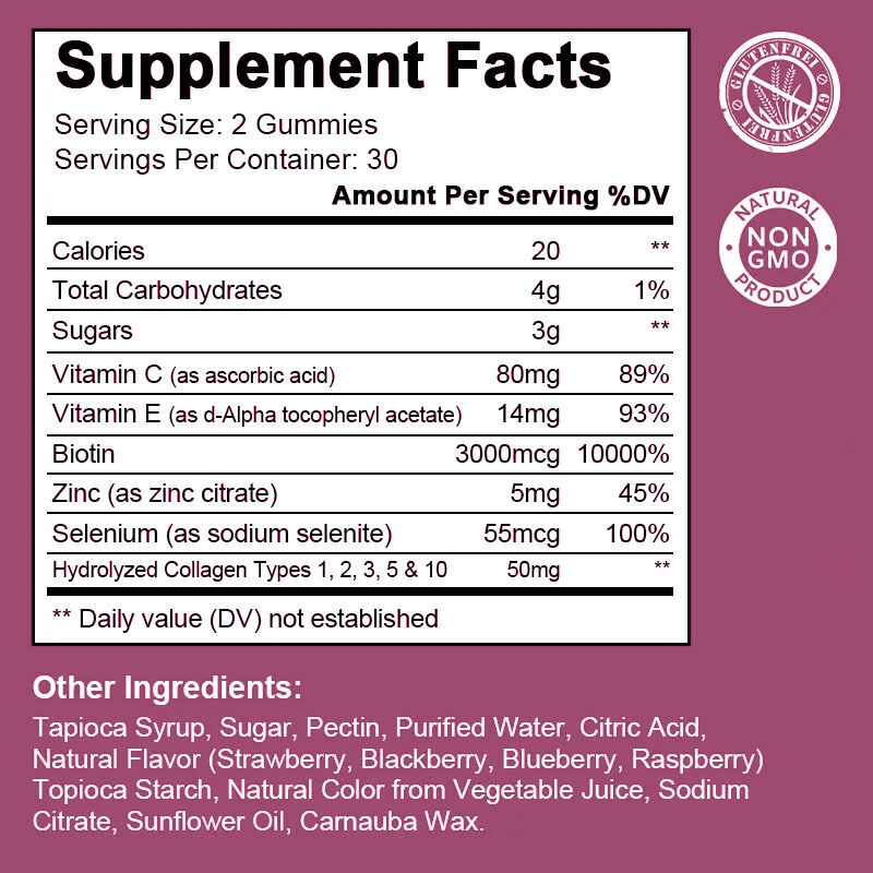 مكمل غذائي مخصص بعلامة خاصة من 60 قطعة من علكة الكولاجين للبالغين للعناية بالشعر والبشرة والصحة، متوازن السكر ومعبأ في زجاجات